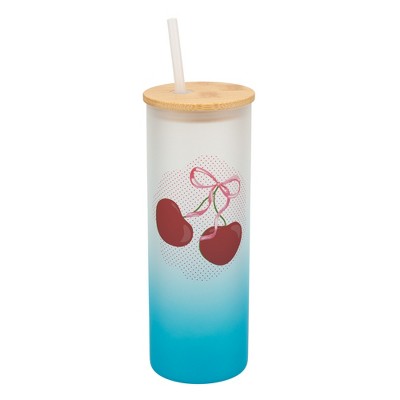 Elanze Designs 25 Ounce Frosted Glass Gradient Travel Tumbler With Straw and Wooden Lid, Cherry Bow Sky Blue