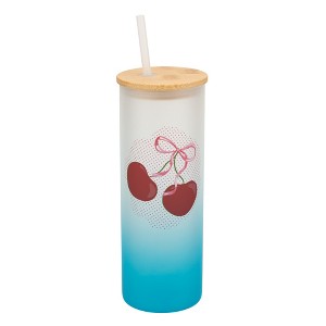 Elanze Designs 25 Ounce Frosted Glass Gradient Travel Tumbler With Straw and Wooden Lid, Cherry Bow Sky Blue - 1 of 1