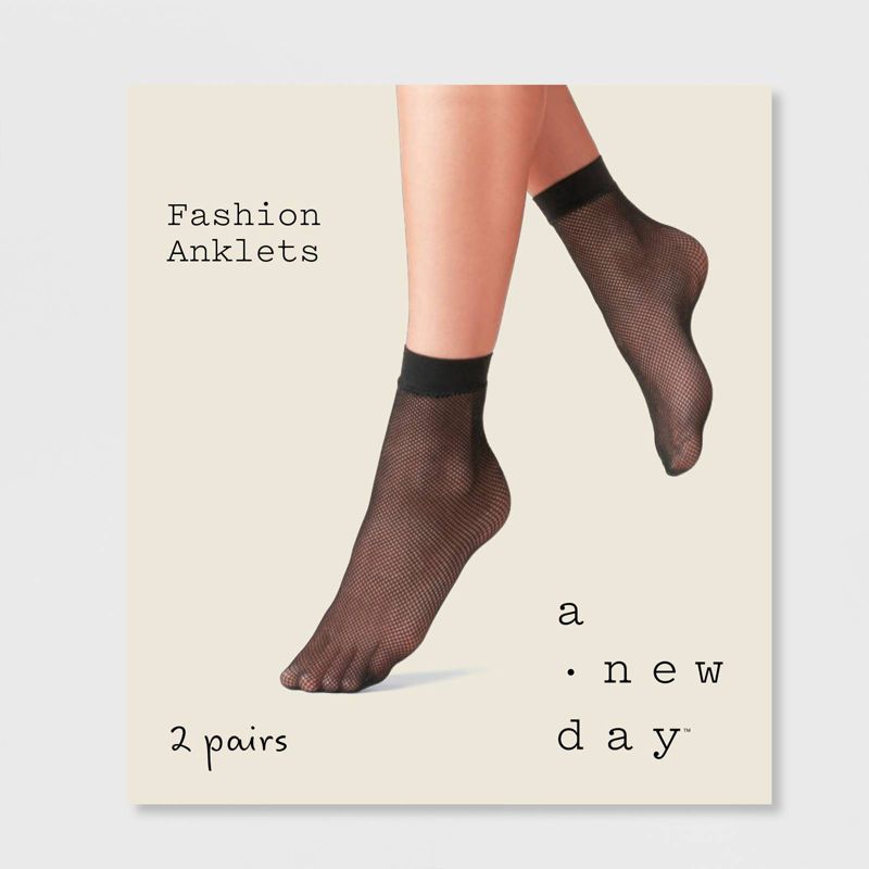 Women&#39;s Fishnet &#38; 20D Sheer 2pk Anklet Socks - A New Day&#8482; Black One Size, 2 of 3