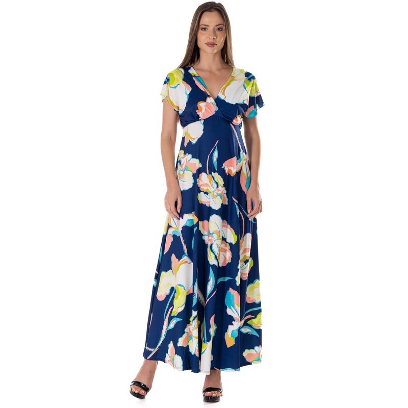 24seven Comfort Apparel Womens Navy Floral Print V Neck Empire Waist Cap Sleeve Maxi Dress, 1 of 7