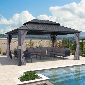 PURPLE LEAF Permanent Hardtop Gazebo Aluminum Frame Gazebo with Galvanized Steel Double Roof, UV-Resistant, Netting & Curtains included - Grey - 1 of 4
