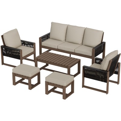 EAGLE PEAK Natural Cedar Wood Conversation Set, Outdoor Patio Furniture with 2 Ottomans and Coffee Table