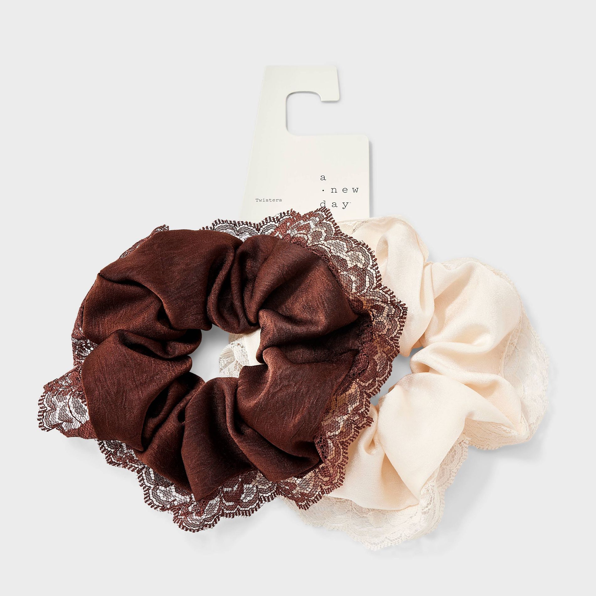 Lace Trim Twister Scrunchie Hair Tie Set 2pc - A New Day™ Cream/Brown