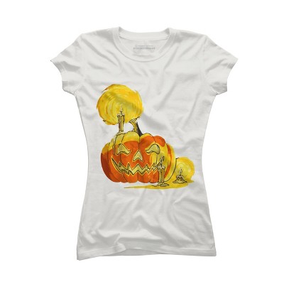 Junior's Design By Humans Halloween Pumpkin with Candle and Evil Smile By wubbadub T-Shirt