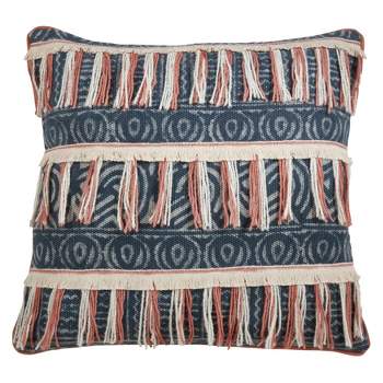 Saro Lifestyle Block Print Embroidered Fringed Poly Filled Pillow