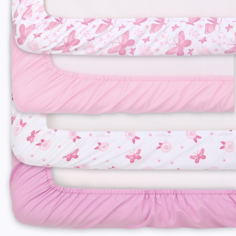The Peanutshell Pink Butterfly 4-Pack Crib Fitted Sheet Set in Pink/White, 4 of 13