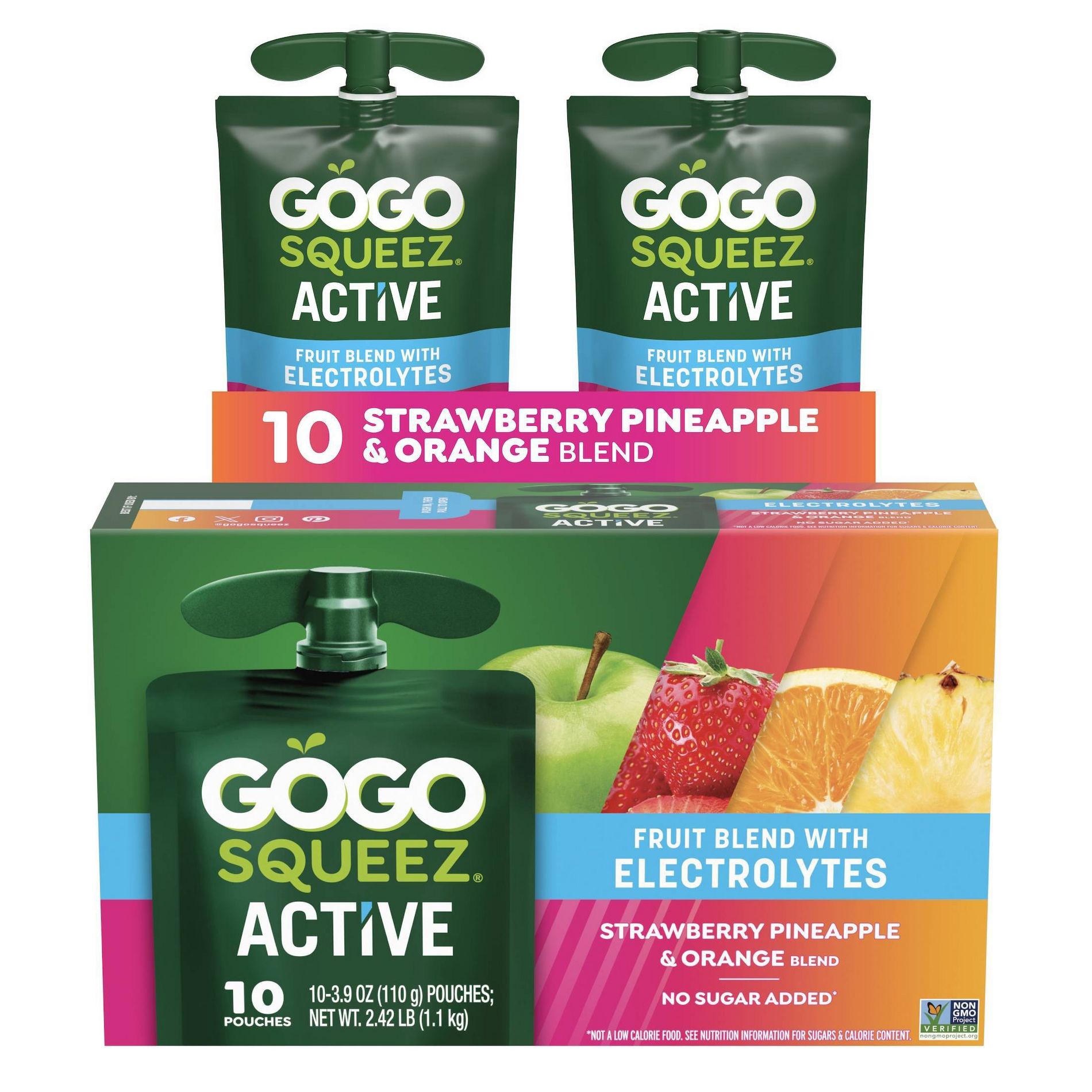 GoGo SqueeZ Active Fruit Blend with Electrolytes Variety Pack Strawberry Pineapple & Orange Pouches - 3.9oz/10ct