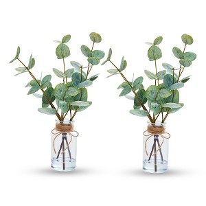 13" Artificial Eucalyptus Stems in Vase (2Pack), Faux Eucalyptus with Double-Sided Magenta Leaves, Realistic Fake Greenery with Hemp Rope & Faux Water - 1 of 4