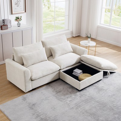 MYINDA  Sectional Sofa Comfy Corduroy Couch for Living Room, Deep Couches with Storage Ottoman,Beige