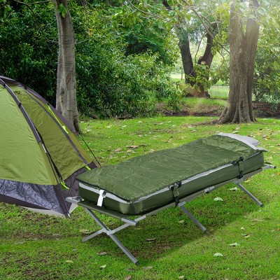 Outsunny Green Folding Camping Cot with Mattress and Pillow