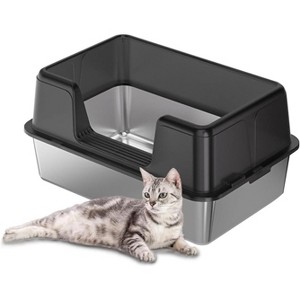 Stainless Steel Cat Litter Box with Lid, High Sided Tray with Scoop & Anti-Slip Mat, Easy Clean - 1 of 4