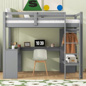 PAGED Twin Size Loft Bed with L-Shaped Desk Simple Modern Wooden Bed Frame with Shelves, Wardrobe and Ladder for Bedroom - 1 of 4