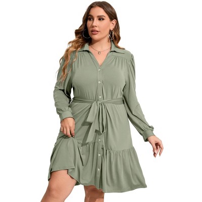Clearlove Women's Plus Size Dresses Buttons Belted Long Sleeves Casual Midi Dress