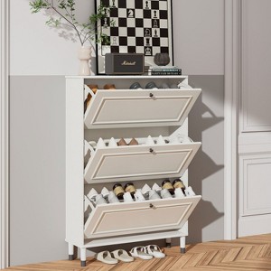 KTMBDW Shoes Storage Cabinet with 3 Flip Drawers, Freestanding Shoe Organizer with Legs, Narrow Shoe Rack Cabinet, Shoe Cabinet for Entryway, White - 1 of 4