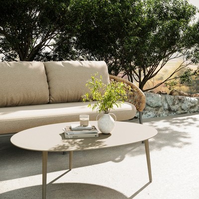 POVISON 39" Light Gray Metal Outdoor Round Coffee Table, Weather Resistant Coffee Table for Deck Porch Balcony Backyard Garden
