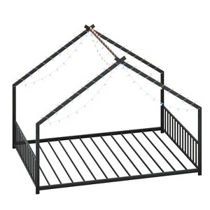 Racxily Twin House Bed with Roof & Lights, Iron Frame for Kids & Teens, White/Black - 1 of 4