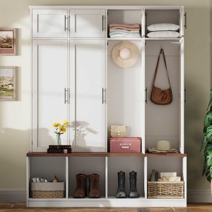 AENKYO Hall Tree with Bench - Entryway Storage Cabinet with 8 Doors & Hidden Hooks, Mudroom Bench with Shoe Storage for Living Room - White Walnt - 1 of 4