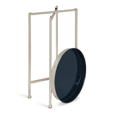 Celia Navy Blue and Silver Round Metal Foldable Tray Accent Table