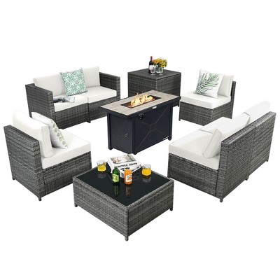 Tangkula 9 PCS Patio Rattan Furniture Set Fire Pit Table Storage Black W/ Cover