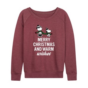 Women's - Peanuts - Merry Xmas Warm Wishes Lightweight French Terry Wide Neck Long Sleeve Graphic Shirt - 1 of 4