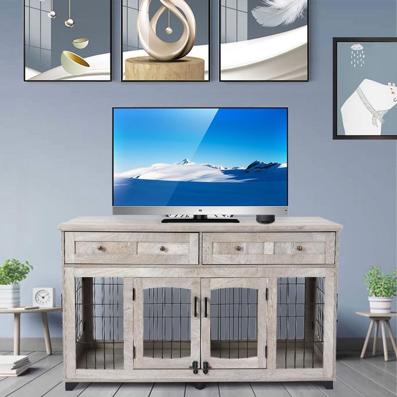 58" Wooden Dog Crate Furniture with Openable Partition, 2 Drawers, 5-Doors, 2 Rooms and TV Stand Function, Ideal for Indoor Use (Grey), 3 of 7