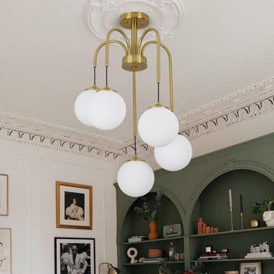PAKOKULA Modern 5-Light Brass Sputnik Semi-Flush Mount Dimmable Branch Chandelier with Vintage Globe Milk Glass Shade
