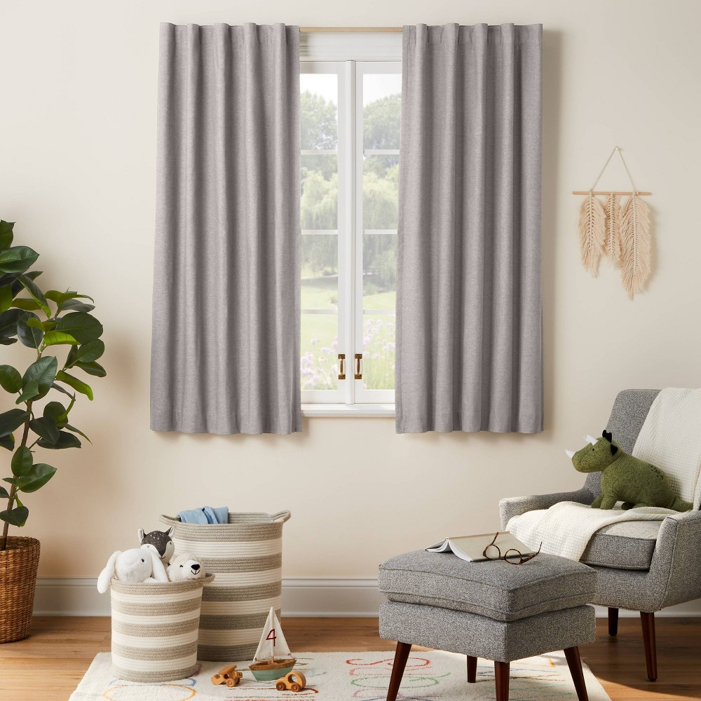 Photos - Curtains & Drapes 63" Blackout Chambray Cotton Kids' Panel Gray - Pillowfort™