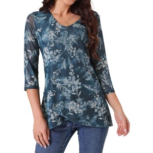 Seta T Women's Irregular Hem V Neck Mesh 3/4 Sleeve Floral Double Layered Tunic Top - 1 of 4