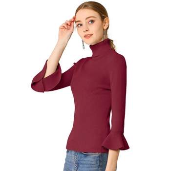 Allegra K Women's Ruffle Sleeves Pullover Turtleneck Slim Fit Stretchy Knit Sweater