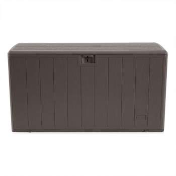 Plastic Development Group 105 Gallon Weatherproof Resin Outdoor Patio Storage Deck Box with Secure Lid Retainer Straps, Driftwood Gray