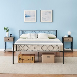 Garvee Twin/Queen Metal Bed Frame w/Headboard and Footboard, Iron-Art Heart Design, No Box Spring Needed, Underbed Storage, Blac - 1 of 4