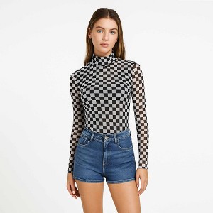 Women's Grid Print Sheer High Neck Top– Cherie Code Black L - 1 of 4
