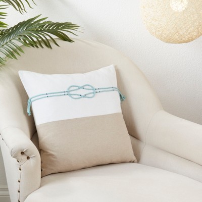 Beige and White Cotton Embroidered Square Throw Pillow, 18"
