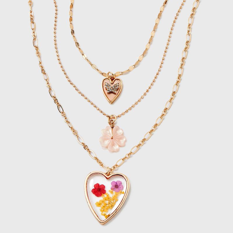 Dainty Chain Layered Neck with Encapsulated Flower and Butterfly Charm Necklace - Universal Thread&#8482; Gold, 1 of 8
