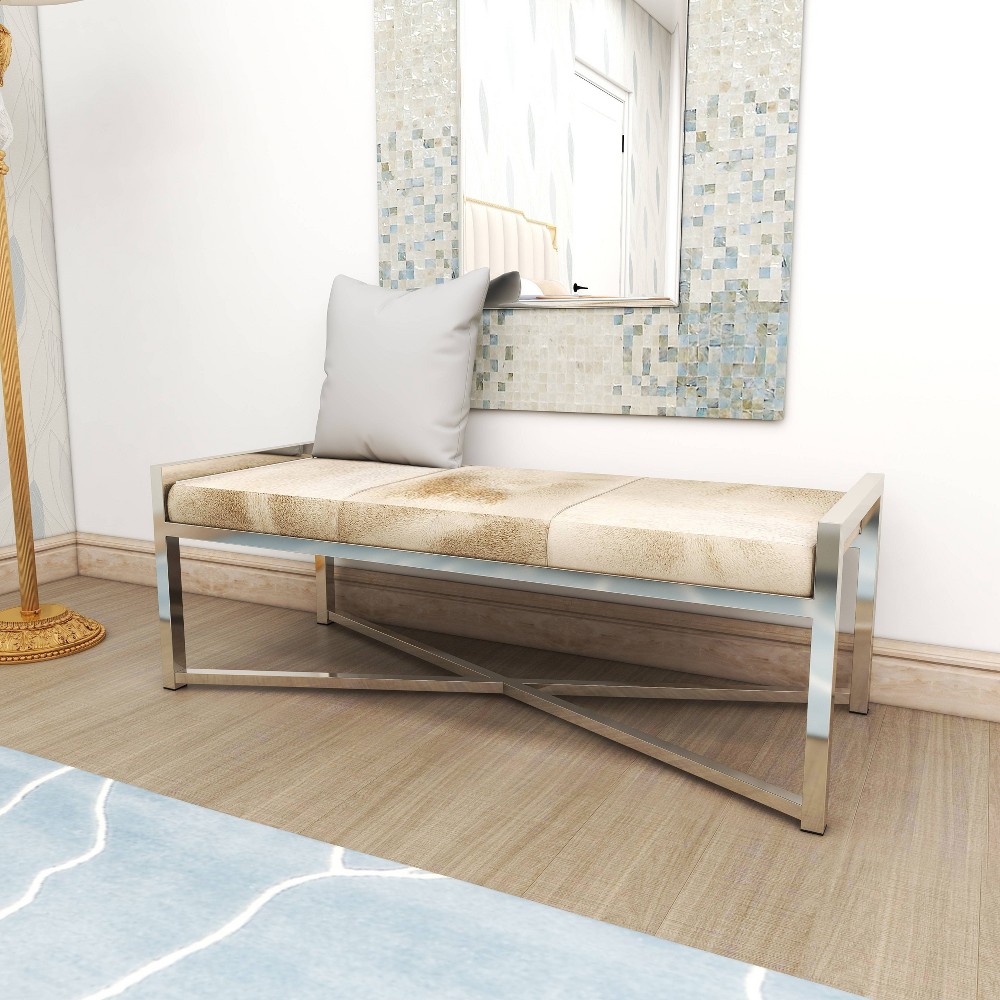 Contemporary Stainless Steel Rectangular Cowhide Bench Beige - Olivia & May: Leather Ottoman, Metal Frame Entryway Seating