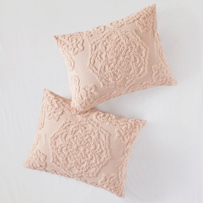 King Blush Cotton Chenille Medallion Fringe Coverlet Set