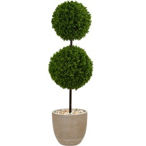 Nearly Natural 4-ft Boxwood Double Ball Topiary Artificial Tree in Oval Planter UV Resistant (Indoor/Outdoor) - 1 of 4