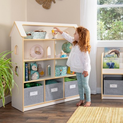 Guidecraft EdQ Dollhouse Bookshelf: Wood Kids' Pretend Play Furniture for Playroom and Classroom with Bins for Toys and Dolls