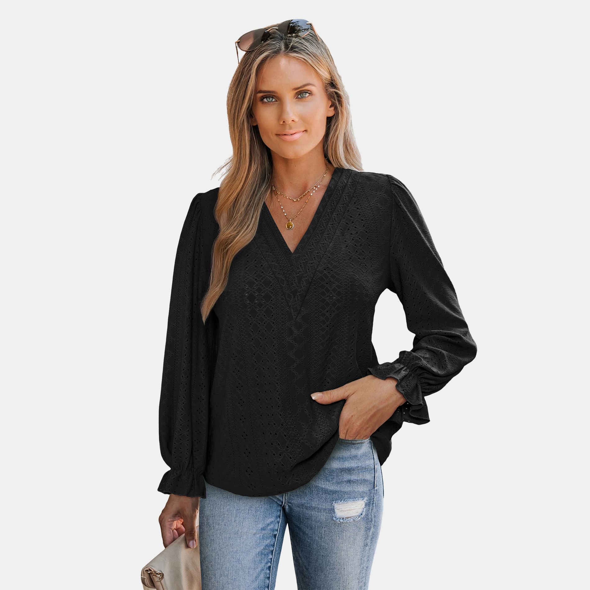 Women's Chic V-neckline Eyelet Ruffled Cuffs Blouse - Cupshe-M-Black