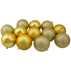 Northlight 12ct Shatterproof 4-Finish Christmas Ball Tree Ornament Set 4" - Gold - 1 of 3