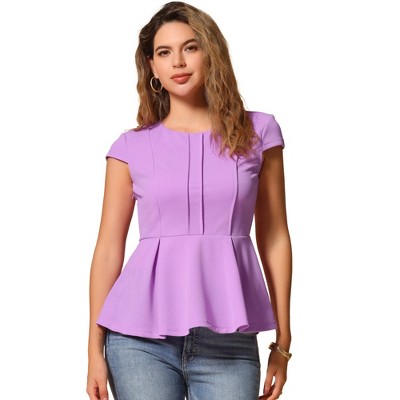 INSPIRE CHIC Women's Elegant Round Neck Cap Sleeve Solid Color Peplum Blouses
