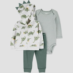Carter's Just One You® Baby Boys' 3pc Fleece Dinosaur Sweatshirt, Long Sleeve Bodysuit & Pants Set - Green - 1 of 4