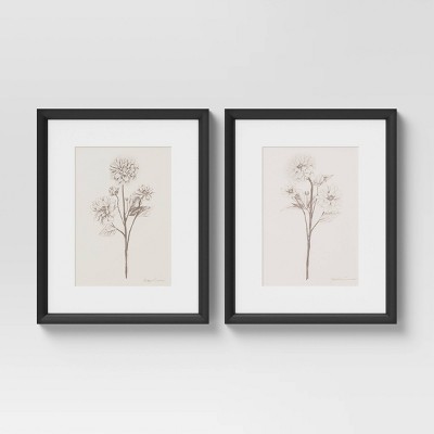 Photo 1 of (Set of 2) 16 x 20 Framed Floral Sketch Framed Wall Art White - Threshold