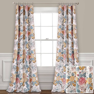 Blue and Yellow Floral Polyester Room Darkening Curtain Panels
