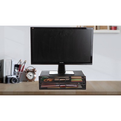 Black Metal Mesh Monitor Stand with Storage Drawers