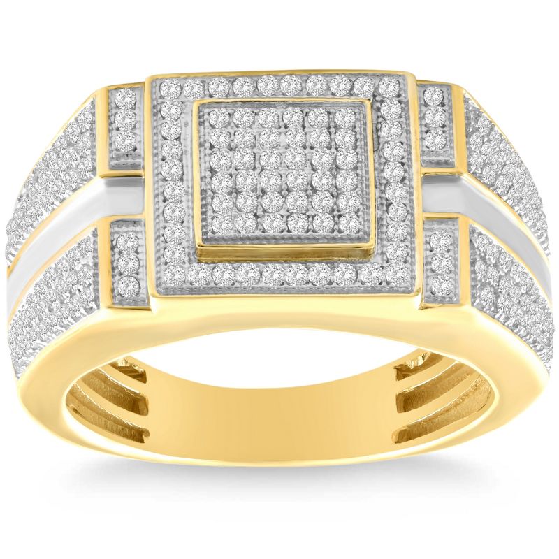 Pompeii3 Men's 1/4 CT. T.W. Diamond Micro Cluster Square Stepped Ring in 10K Yellow Gold, 1 of 6