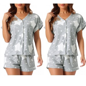 cheibear Women's Modal Button Up Short Sleeve T-shirt and Shorts Pajama Sets 2 Pcs - 1 of 4