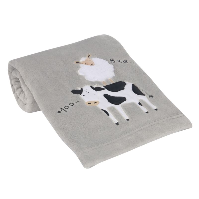 Lambs & Ivy Baby Farm Cow/Sheep Appliqued Gray Luxury Fleece Baby Blanket, 4 of 8