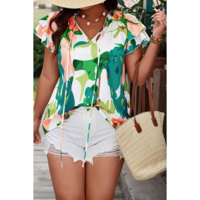 I AM A FASHION JUNKY Plus Random Print Ruffled Sleeve Boho Blouse