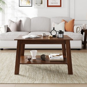 31.49" Coffee Table,  Set of 2-Tier Storage Nightstand with  Wood Finish for Bedroom/Living Room, Narrow Industrial Space-Saving Design - 1 of 4